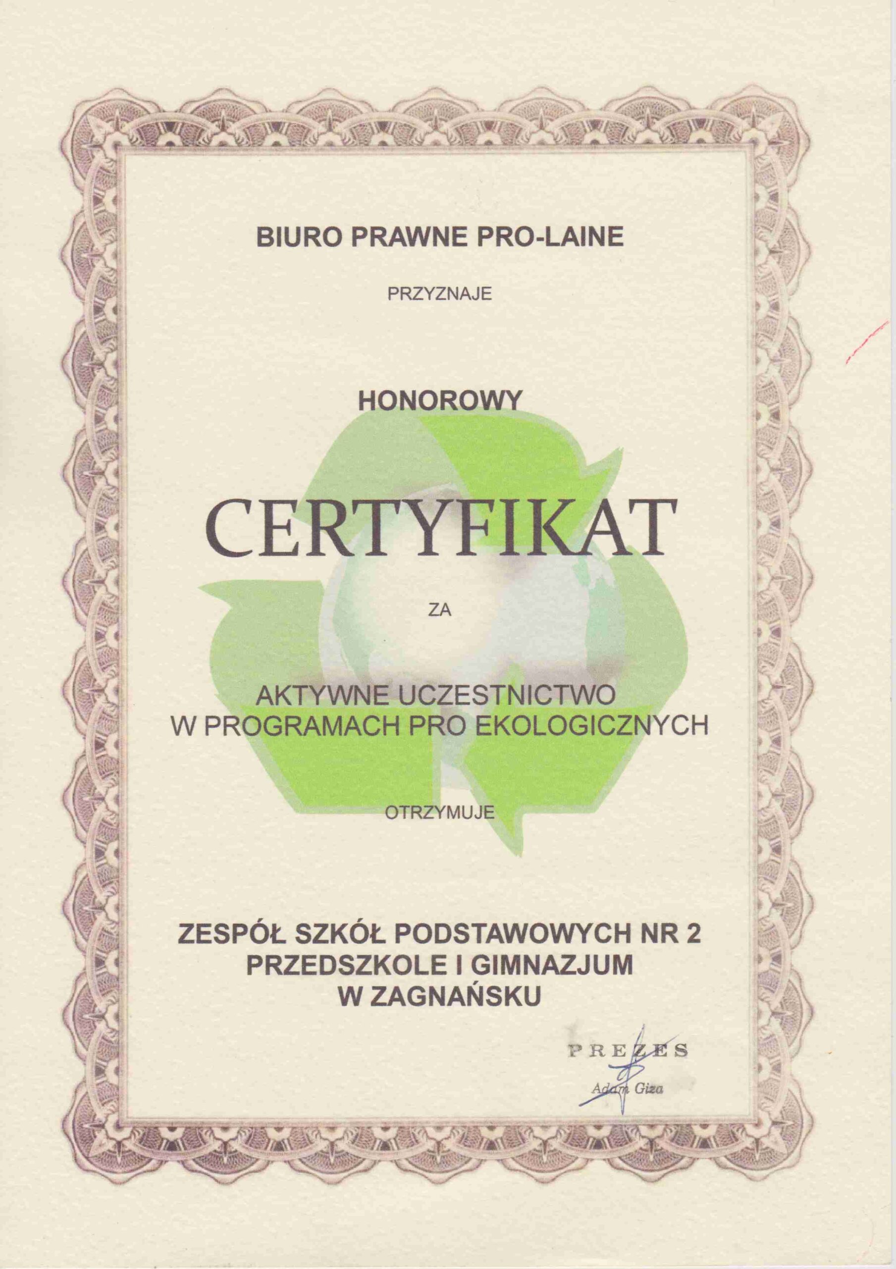 Certyfikat Ekologia